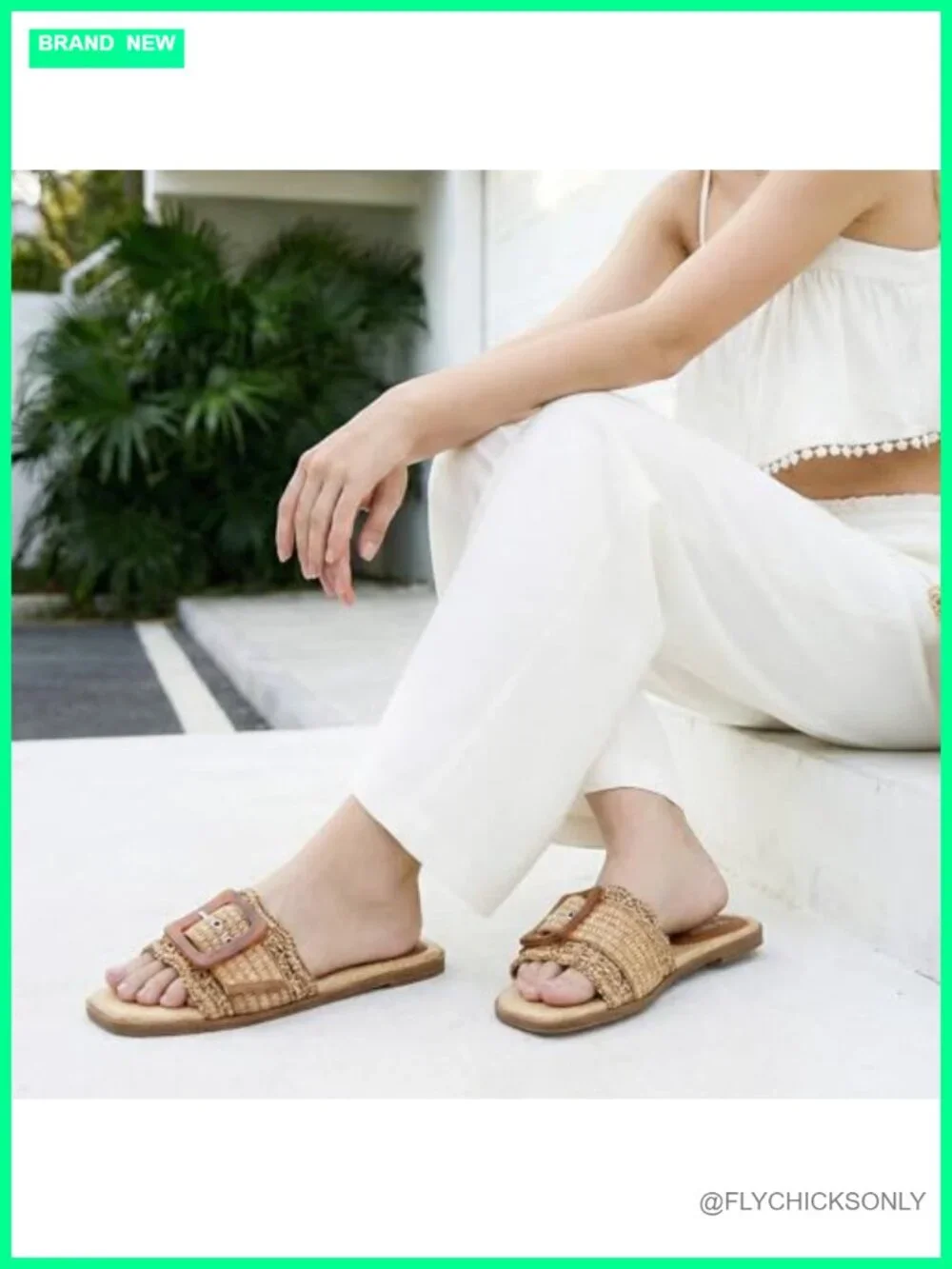 Woven Raffia Slide Sandals with Square Toe and Buckle